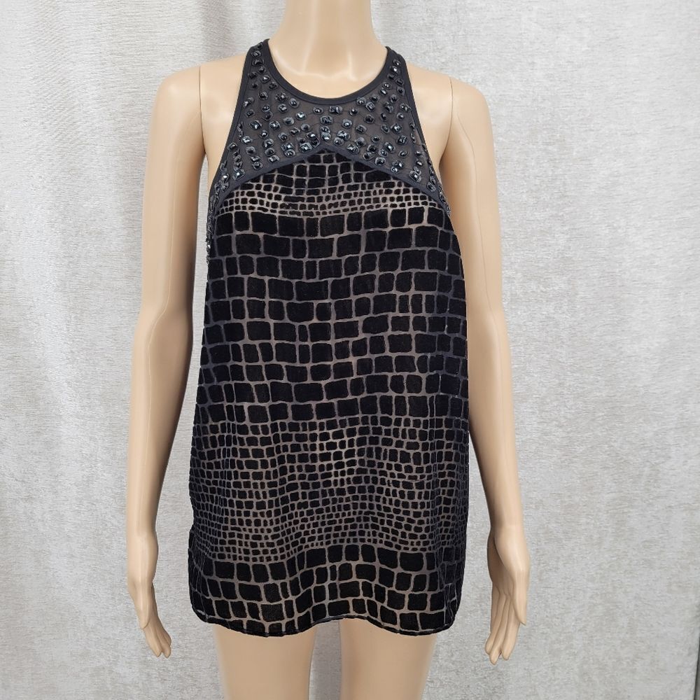 Sam Edelman Black Sheer Burnout VelvetāBeaded Sleeveless Tank Top Racerback